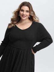 V-Neck Patchwork Plain Sweater Dress