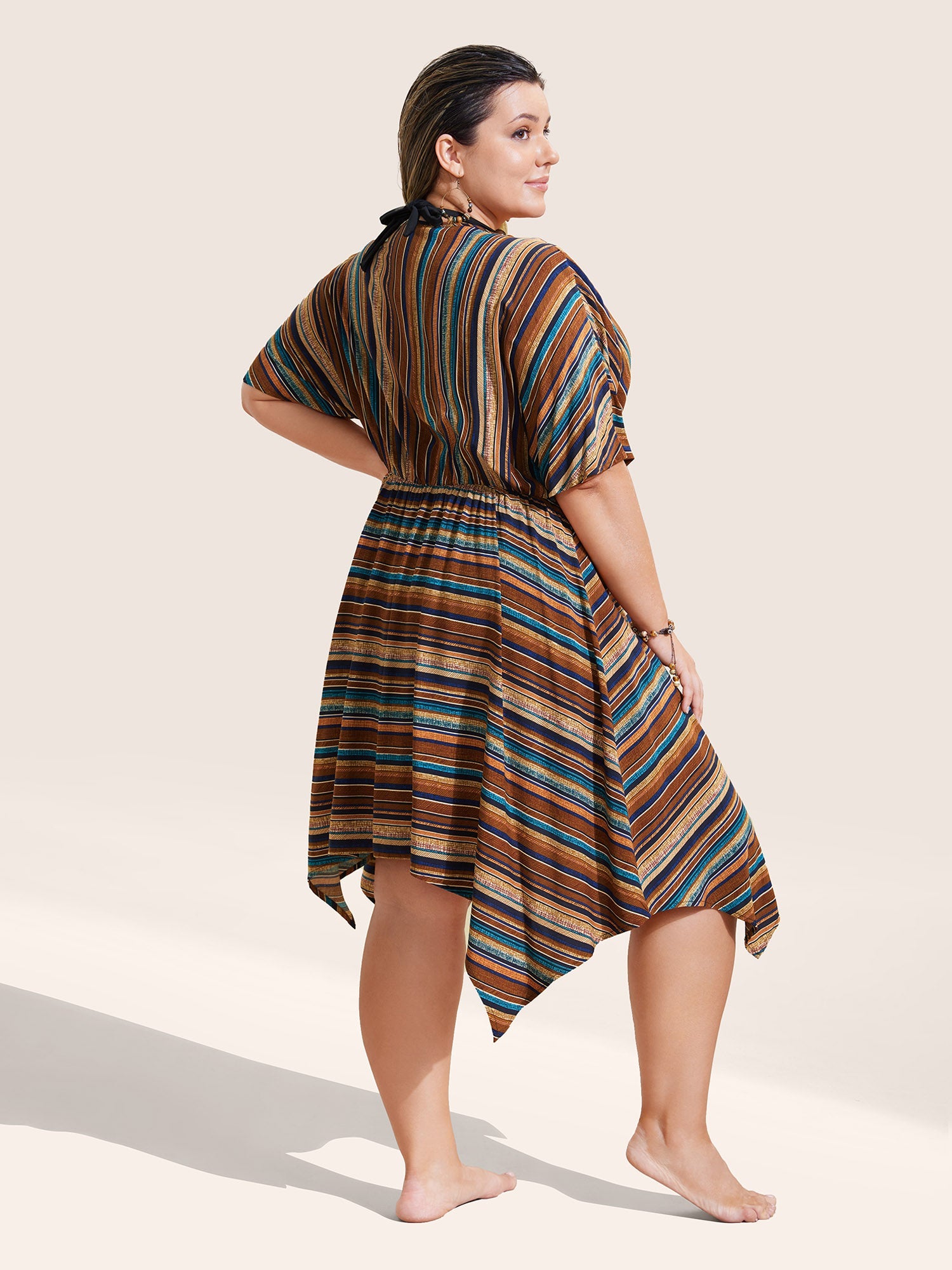 Colored Striped Cross Straps Asymmetrical Hem Kimono