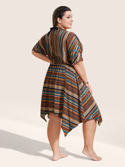 Colored Striped Cross Straps Asymmetrical Hem Kimono