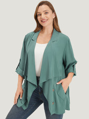 Solid Pocket Asymmetrical Neck Roll Tab Sleeve Jacket