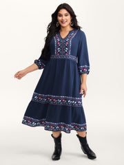 Floral Pattern Stretchy Waist Notched Maxi Dress