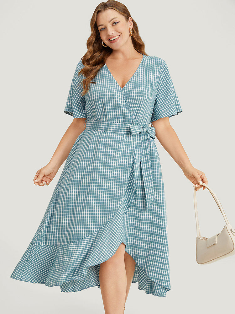 Gingham Pocket Belted Ruffle Trim Surplice Neck Dress