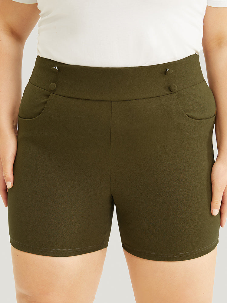 Solid Elastic Waist Button Detail Pocket Shorts