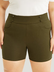 Solid Elastic Waist Button Detail Pocket Shorts