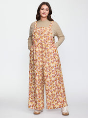Floral Corduroy Adjustable Pockets Overall Jumpsuit