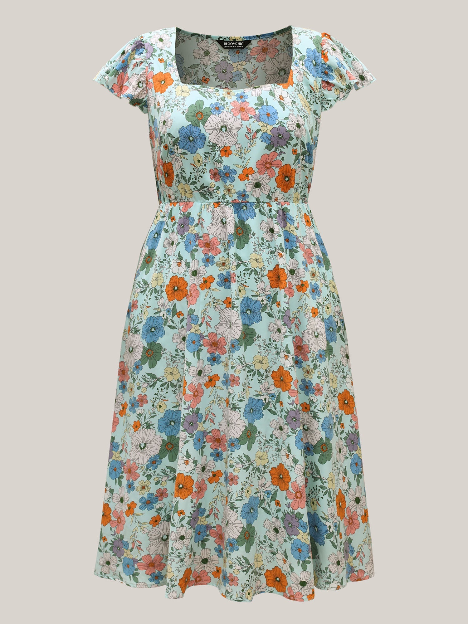 Floral Print Flutter Sleeve Pockets Midi Dress