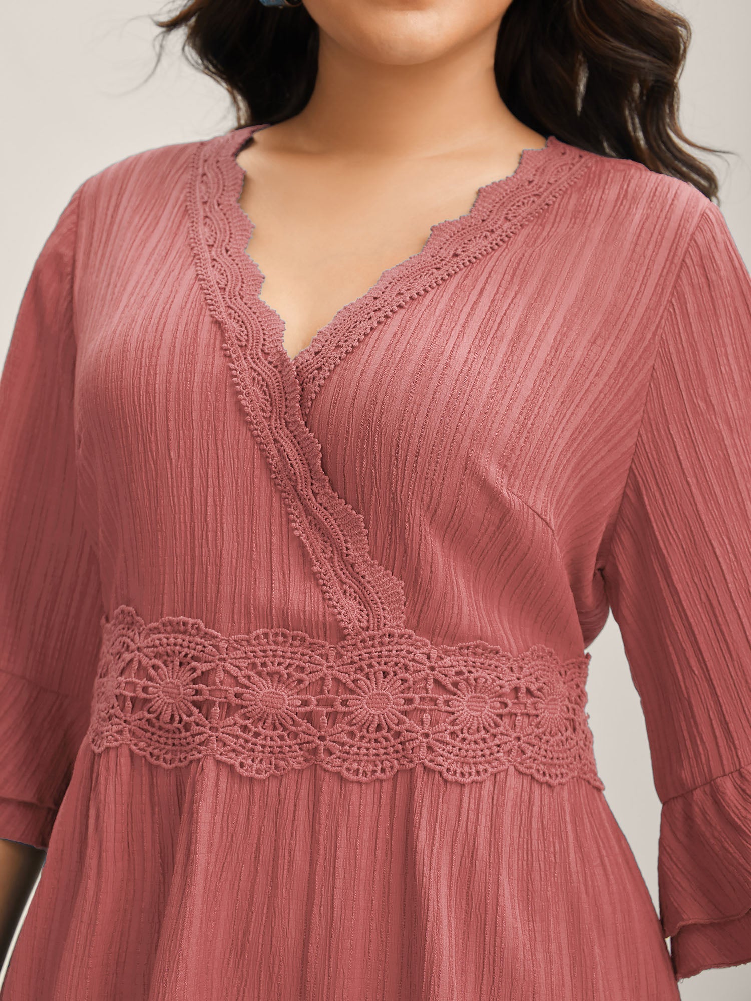 Scalloped Lace Surplice Ruffled Midi Dress