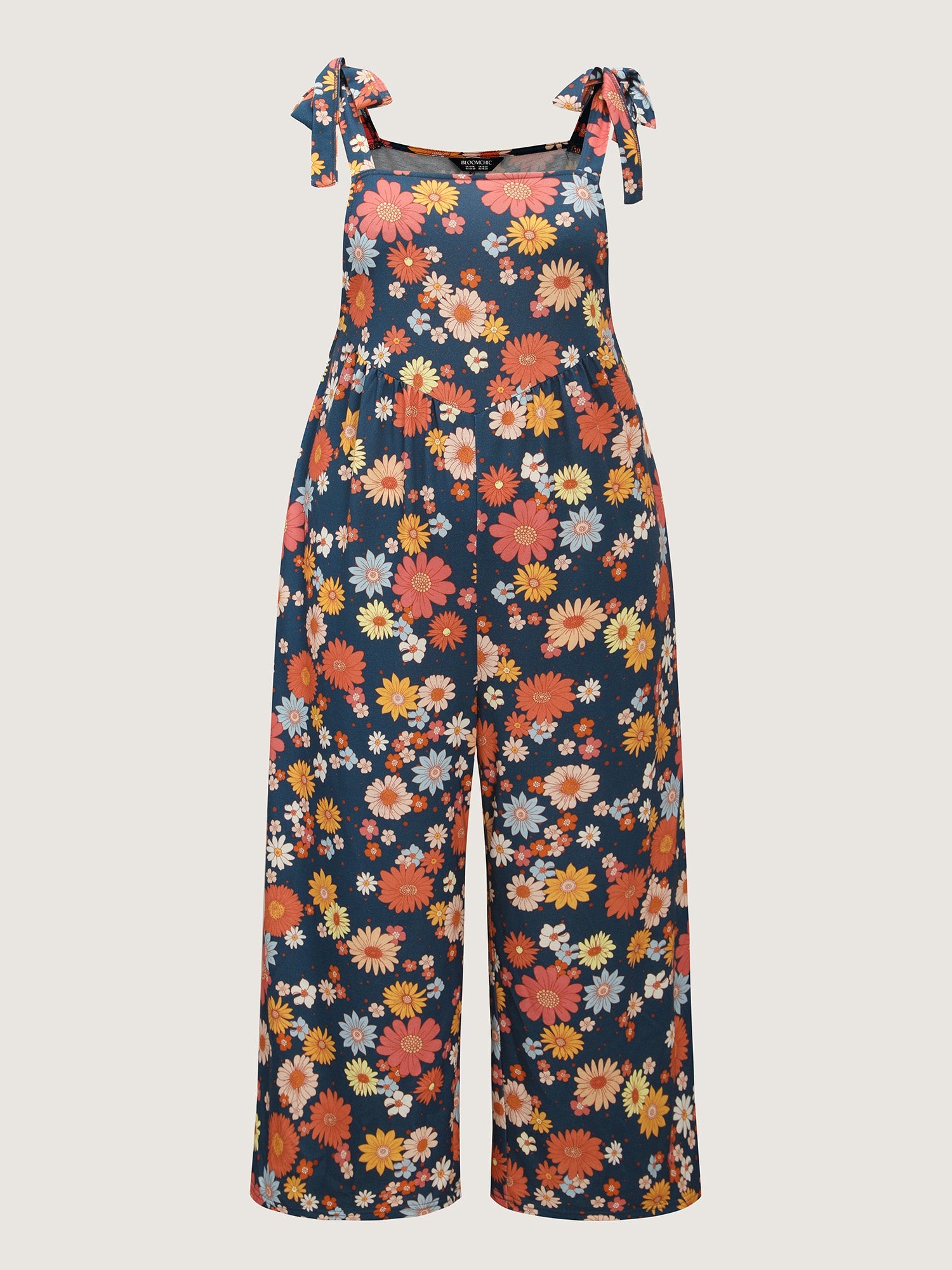 Floral Print Adjustable Shoulder-Tie Pockets Jumpsuit