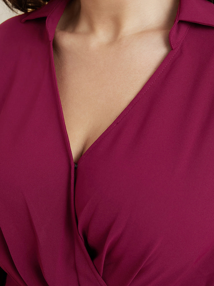 Solid Lantern Sleeve Surplice Neck Asymmetrical Hem Blouse