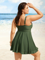 Solid O Ring Buckle Detail Ruffle Trim Swim Dress