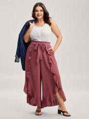 Ruffled Hem Waist-Tie Wide-Leg Pants