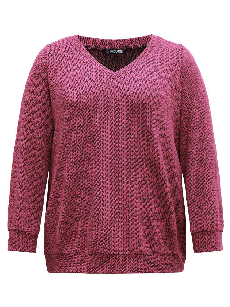 Solid Plisse Elastic Cuffs V Neck Sweatshirt