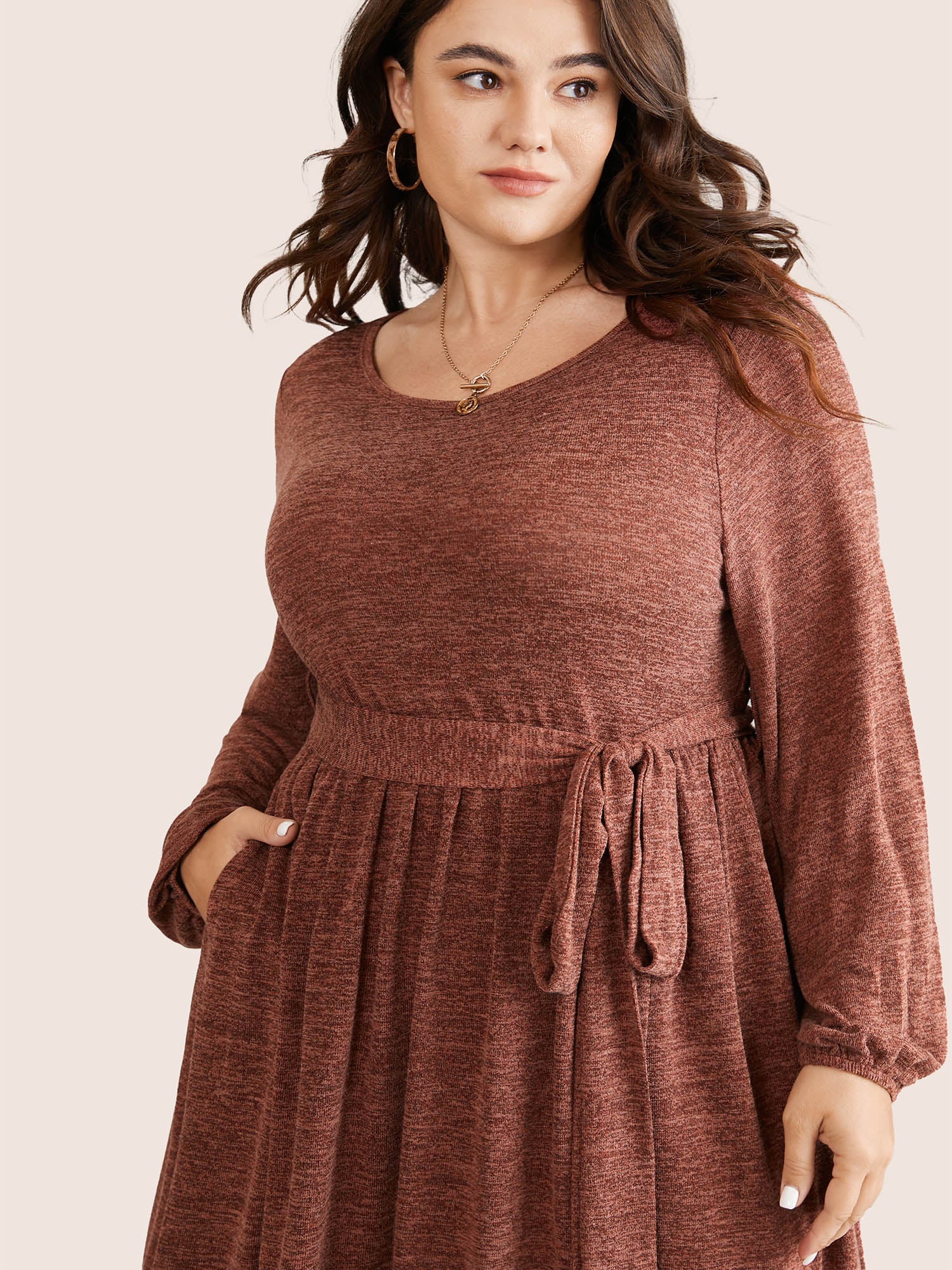 Solid Belted Elastic Cuffs Jacquard Dress