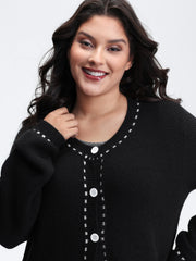 Arc Hem Textured Color Contrast Knit Cardigan