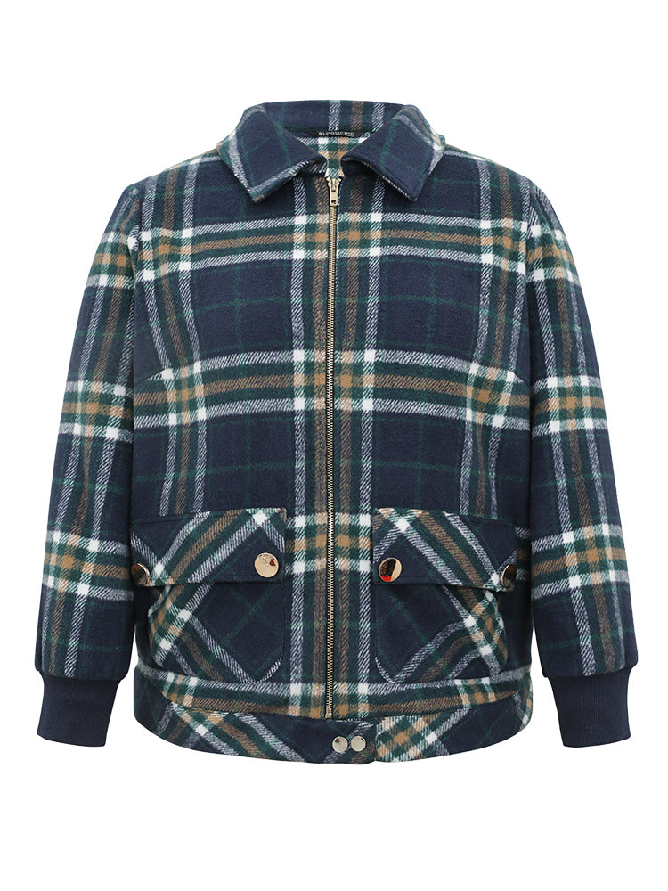 Plaid Button Detail Pocket Zipper Jacket