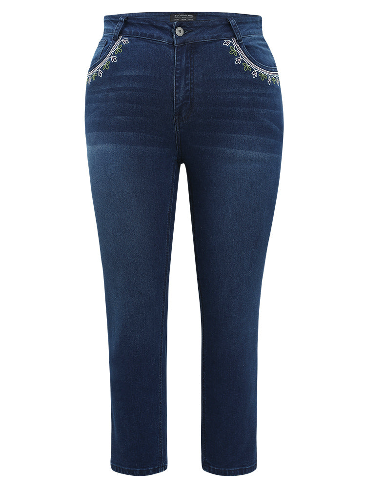 Straight Very Stretchy High Rise Dark Wash Embroidered Trim Jeans