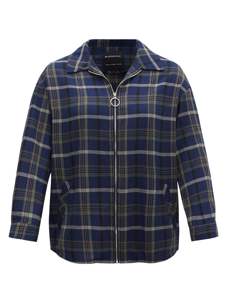 Plaid Lapel Collar Pocket Zipper Fly Coat