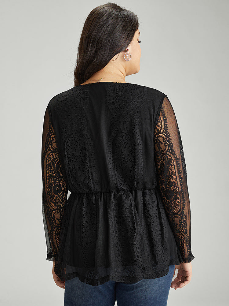 Solid Guipure Lace Mesh Elastic Waist Blouse