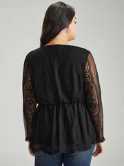 Solid Guipure Lace Mesh Elastic Waist Blouse