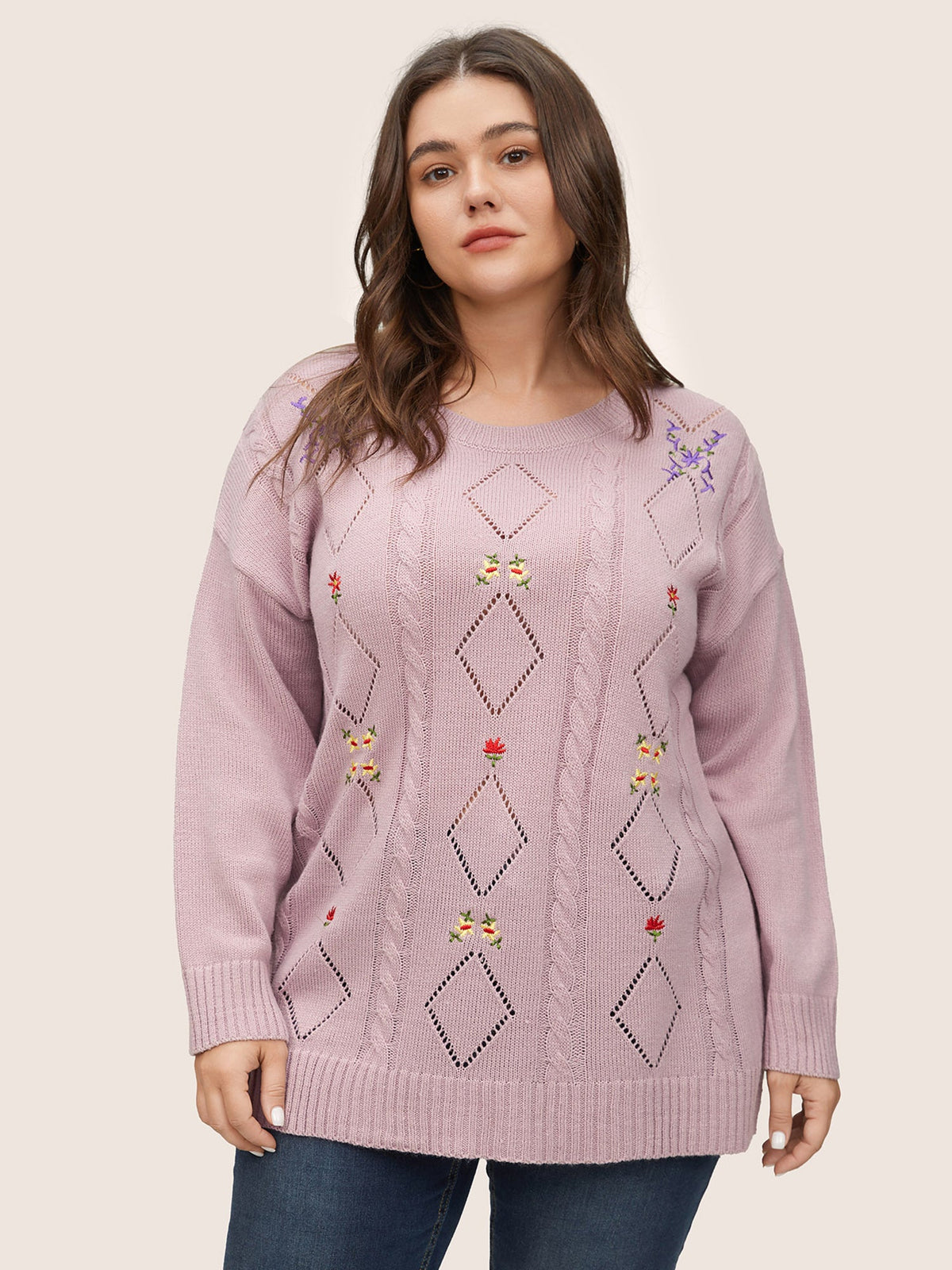 Floral Embroidered Geometric Hollow Out Cable Knit Pullover