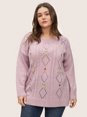 Floral Embroidered Geometric Hollow Out Cable Knit Pullover