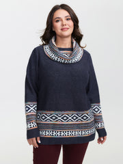 Boho Pattern Color Contrast Turtleneck Pullover