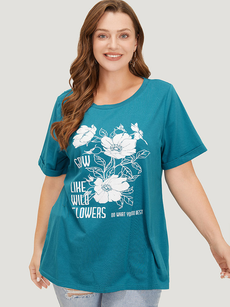 Floral & Letter Roll Sleeve T-shirt