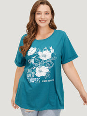 Floral & Letter Roll Sleeve T-shirt