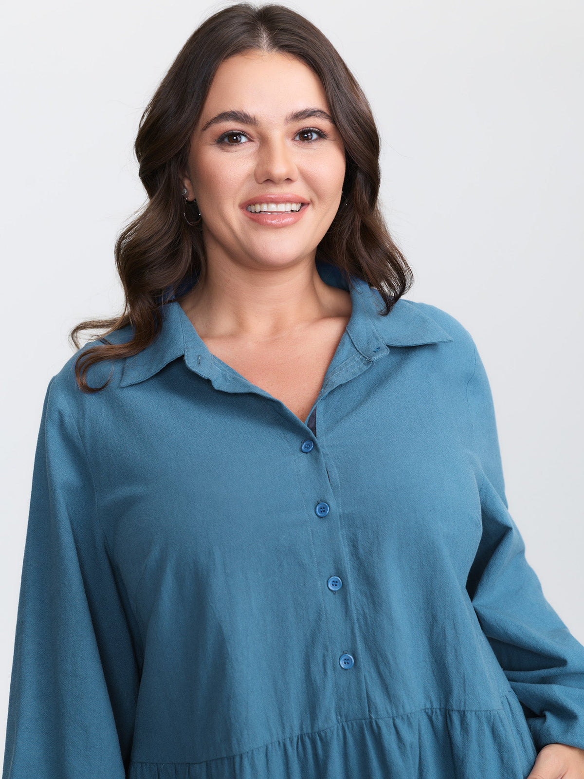 Shirt Collar Button Side Pockets Midi Dress