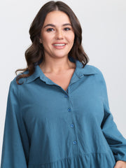 Shirt Collar Button Side Pockets Midi Dress