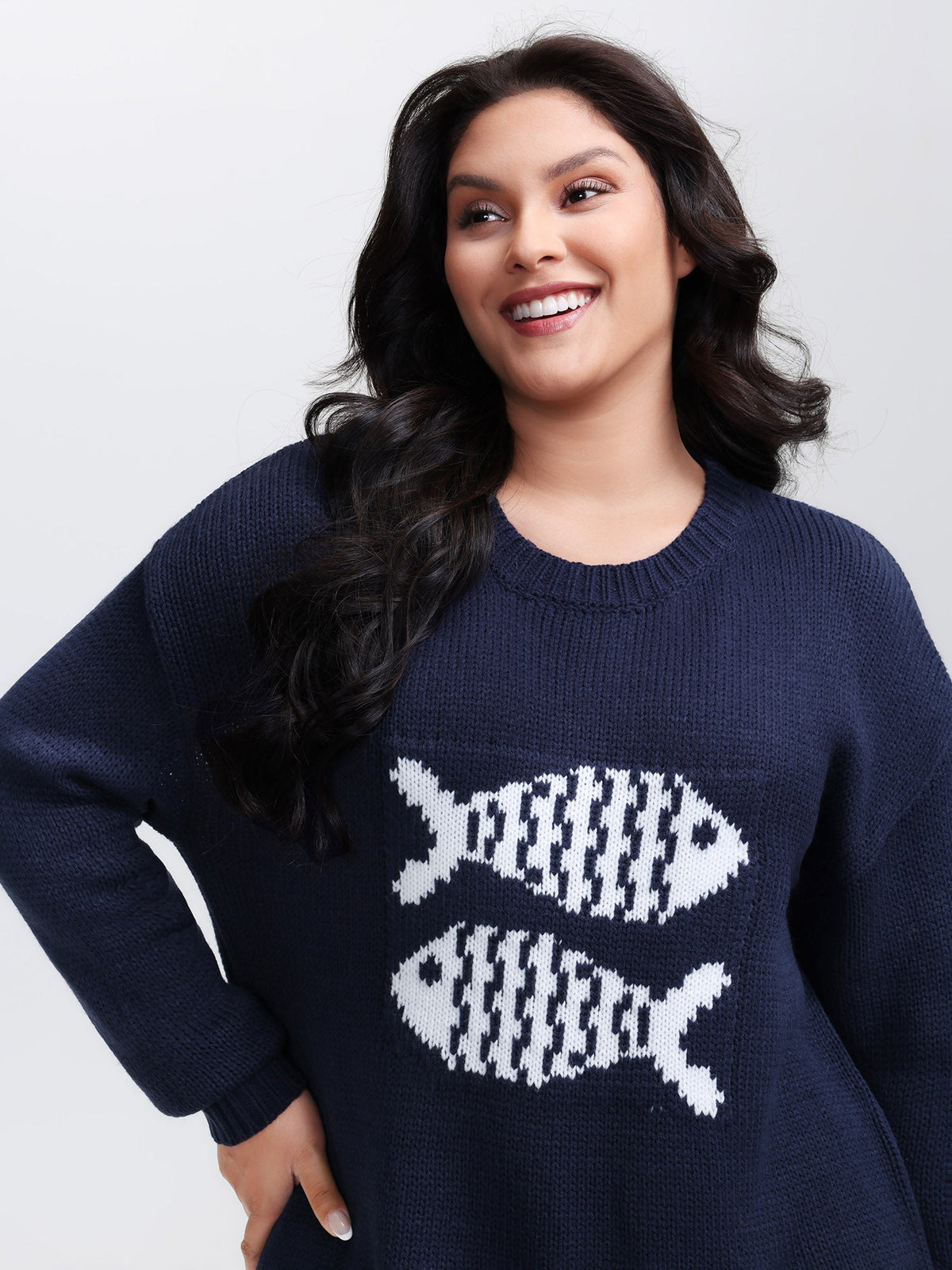 Fish Jacquard Print Round Neck Pullover