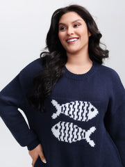 Fish Jacquard Print Round Neck Pullover