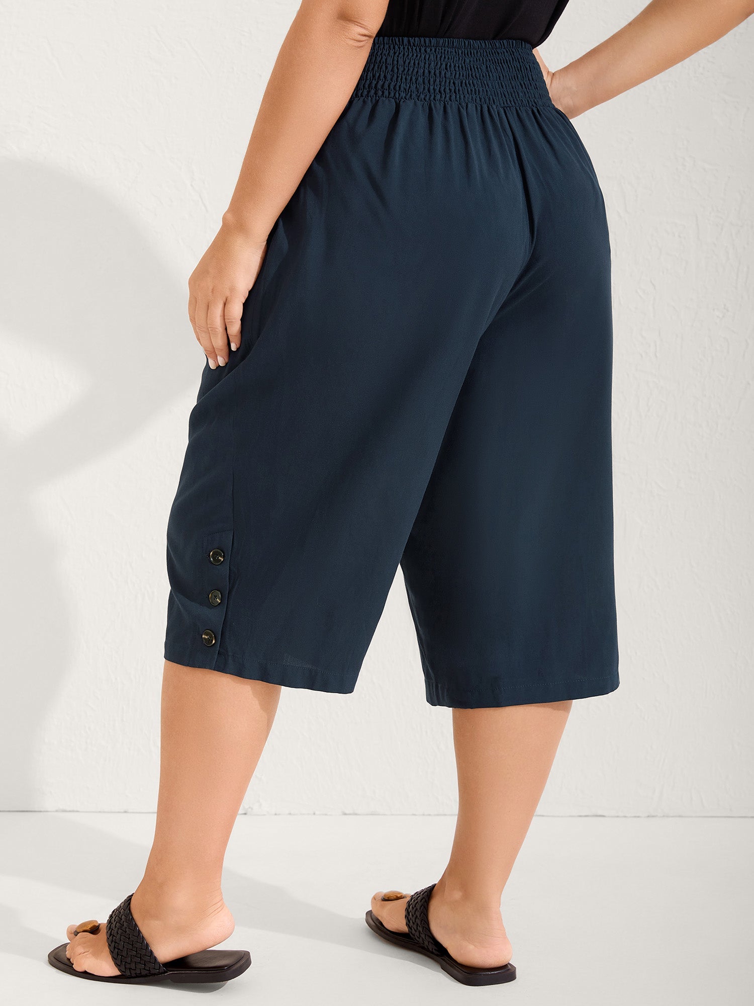 Shirred Waist Solid Straight-Leg Pants