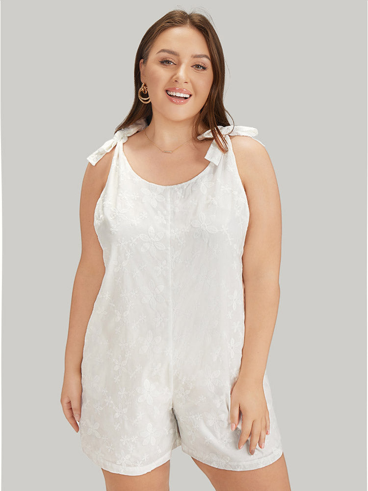 Solid Embroidered Knot Pocket Overall Romper