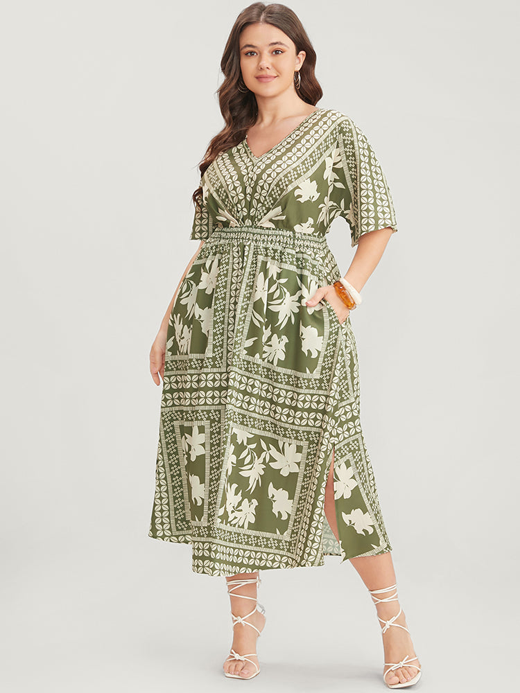 Floral Print Ruffles V Neck Shirred Pocket Split Hem Dress