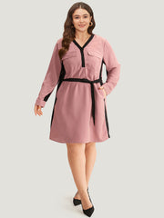 Twill Two Tone Metal Button Up Belted Dress