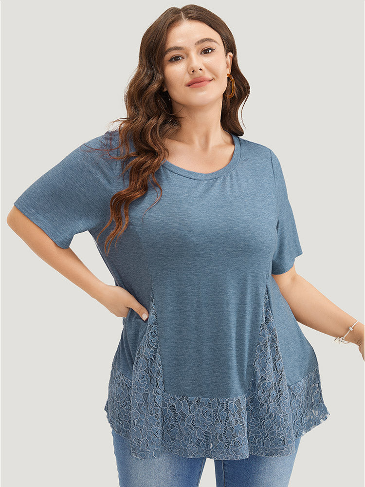 Solid Patchwork Crew Neck Lace Swing T-shirt