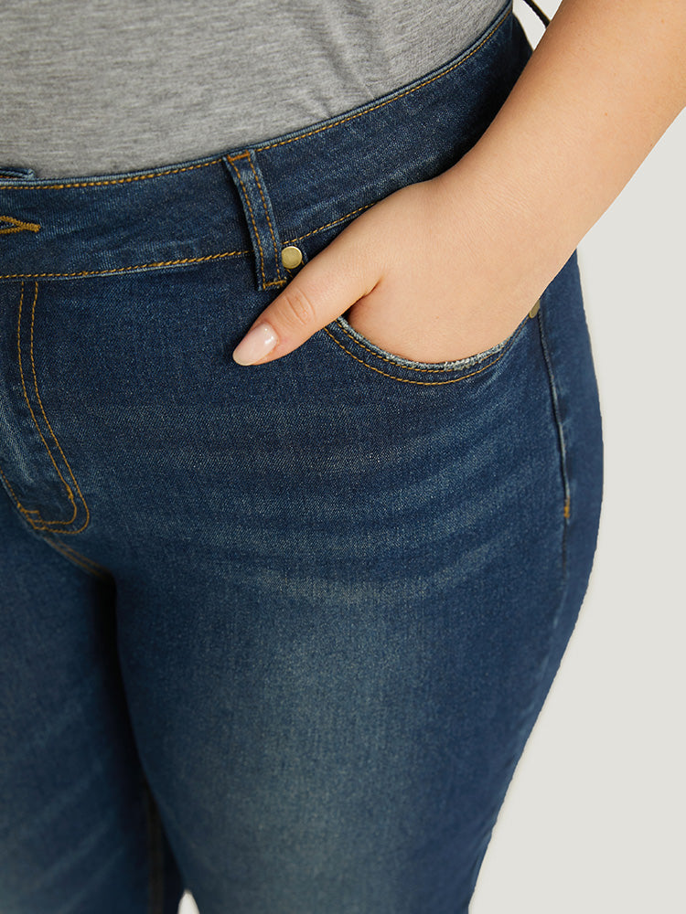 Plain Roll Hem Medium Wash Full Length Jeans