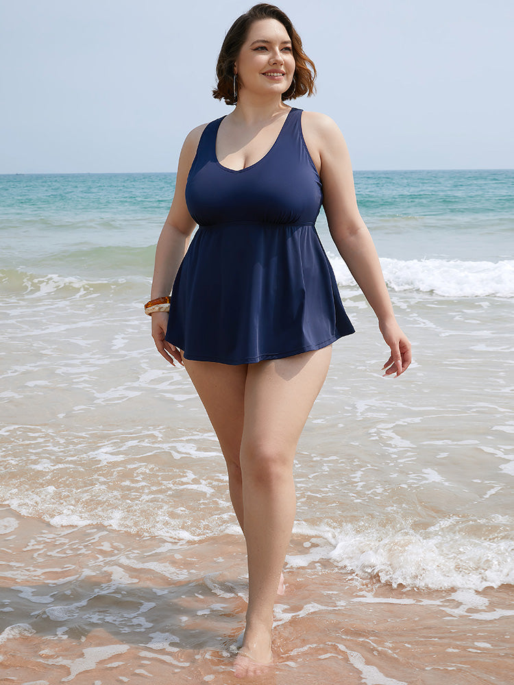 Plain Gathered Flutter Halter Neck Tankini Top