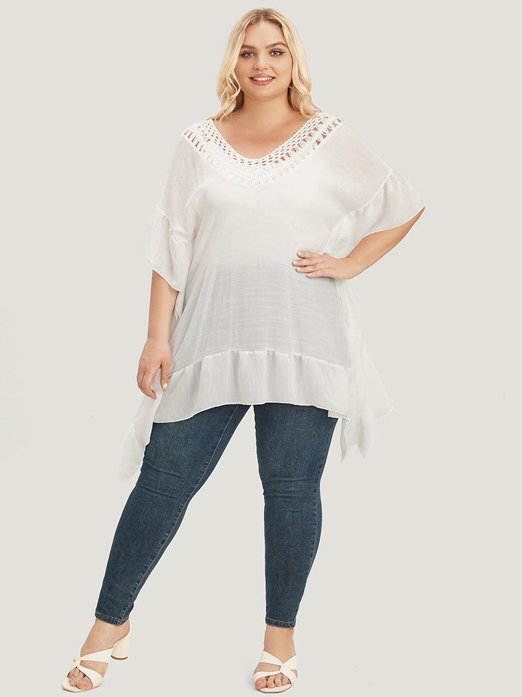 Solid Ruffle Trim Dolman Sleeve Lace Asymmetrical Hem Knit Top