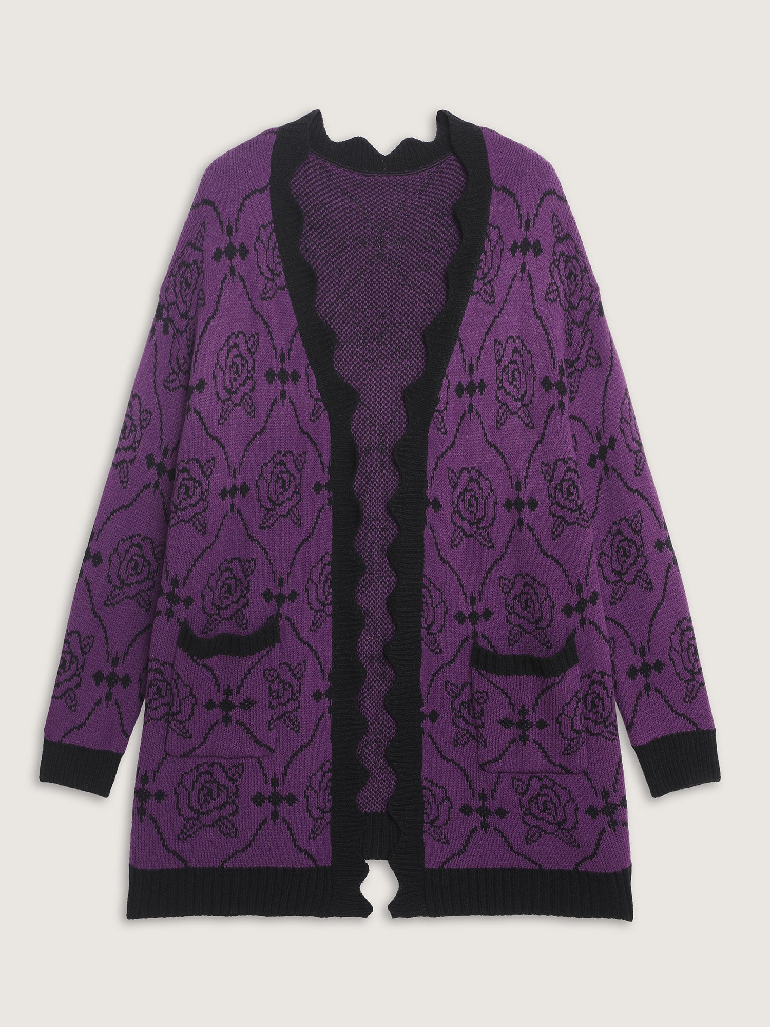 Floral Pattern Scalloped Collar Knit Cardigan