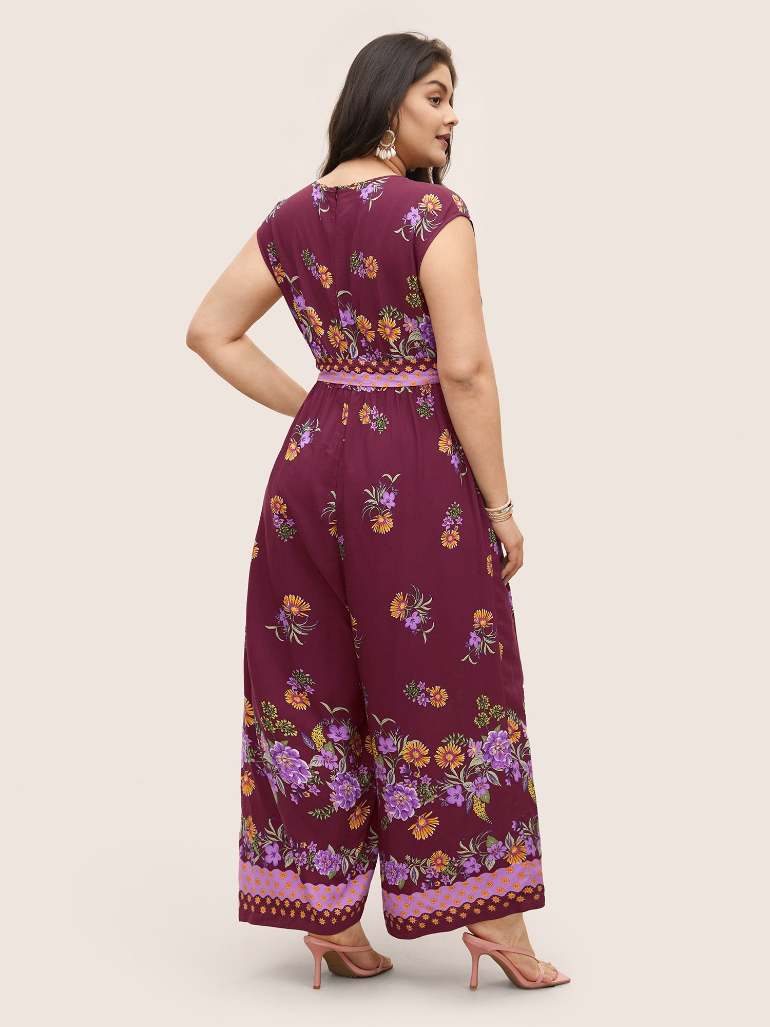 Boho Print Overlap Collar Belted Sleeveless Jumpsuit