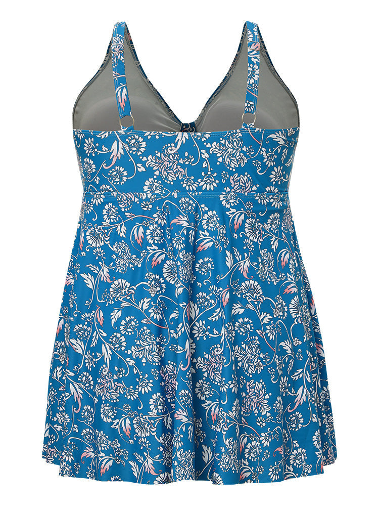 Floral Print Ruffle Hem Knot Front Ruched Swim Dress