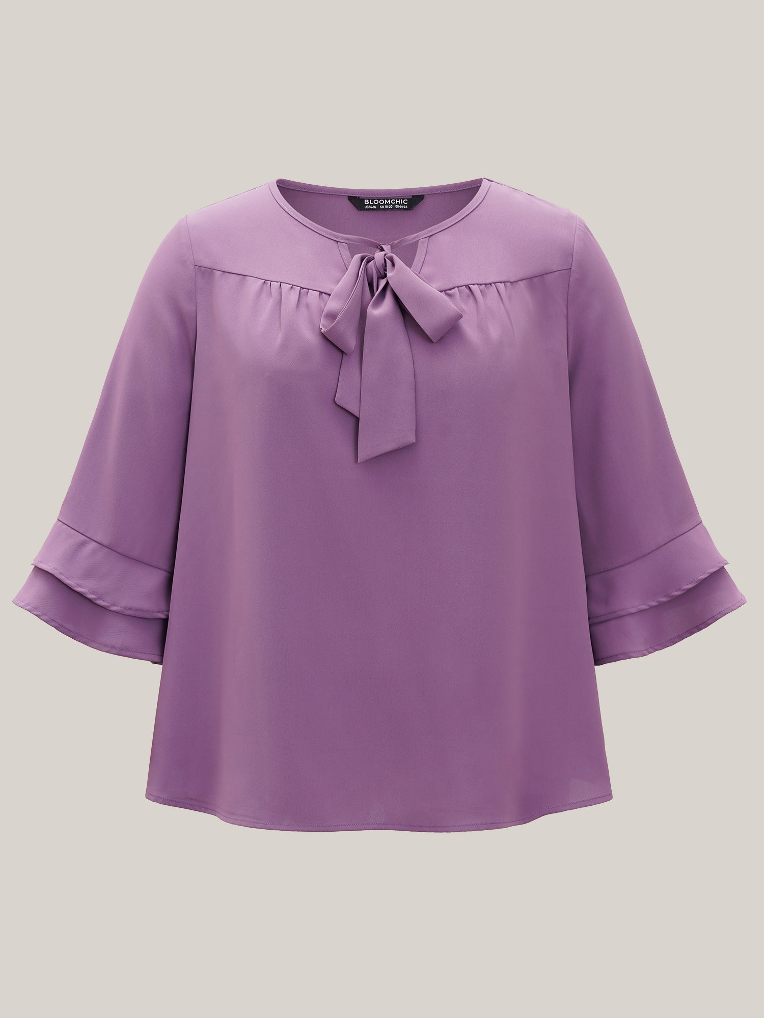 Solid Ribbon Tied Collar Bell Sleeve Blouse