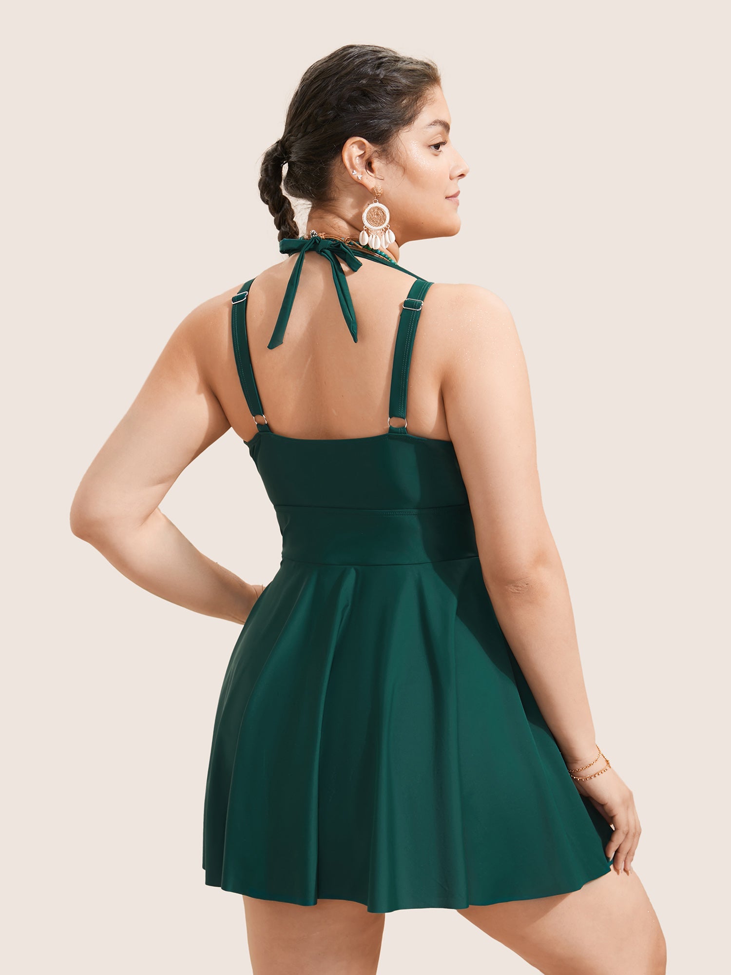 Solid Ruffle Hem Empire Waist Halter Neck Swim Dress