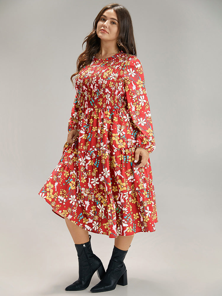 Floral Print Keyhole Shirred Dress