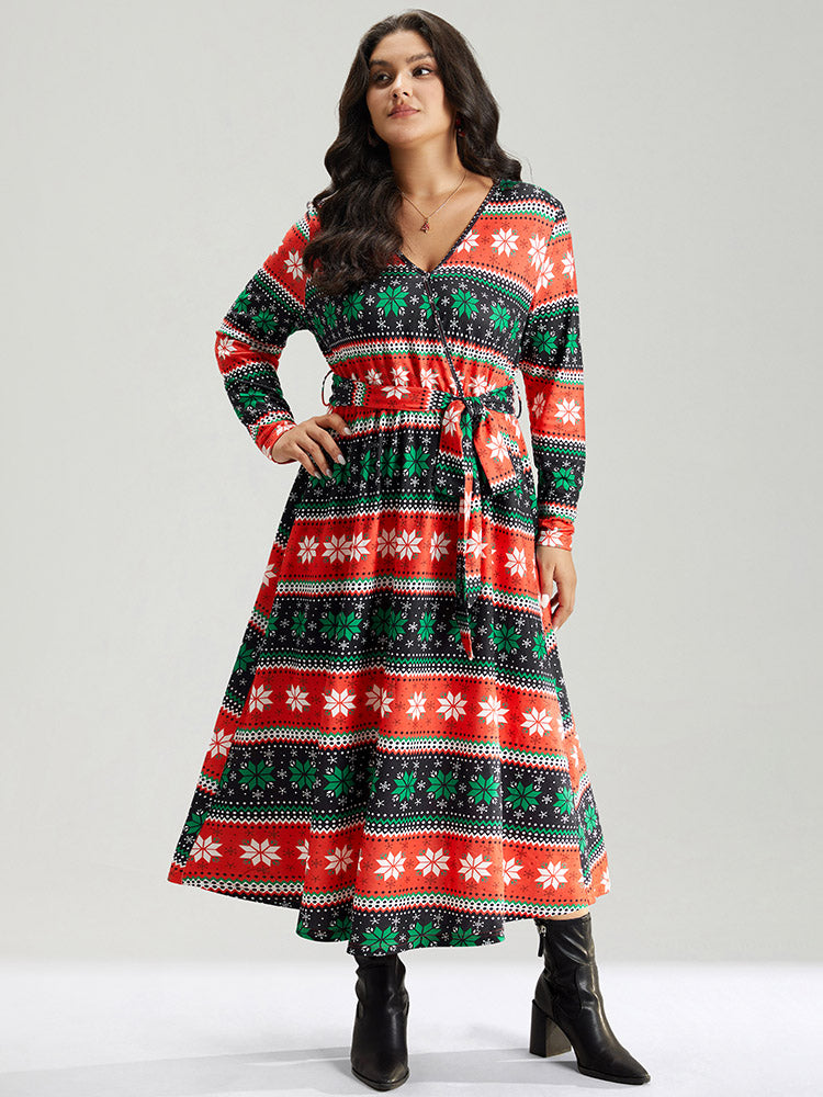 Snowflake Print Contrast Belted Surplice Neck Dress