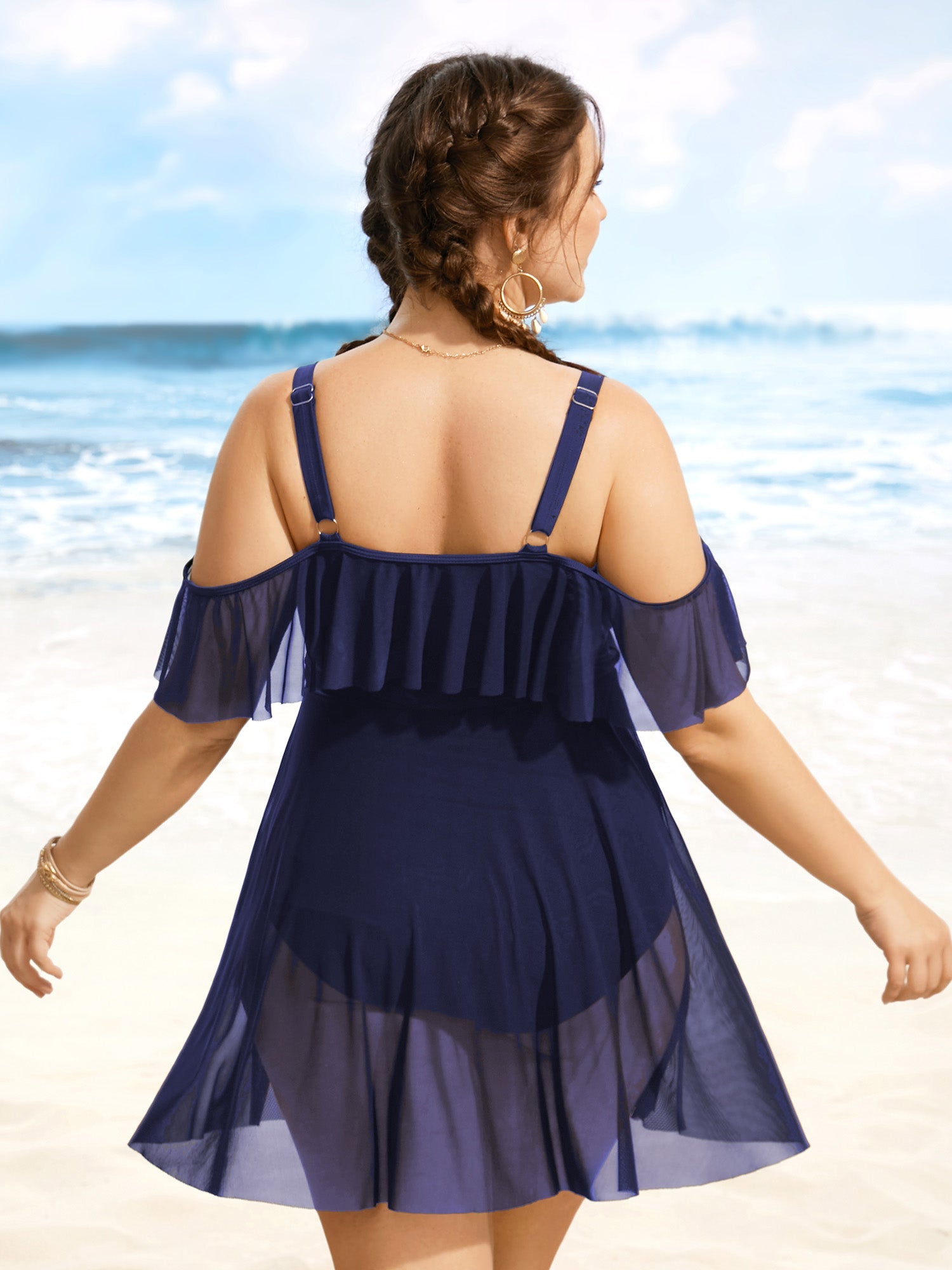 Solid Ruffle Trim Patchwork Mesh Swim Dress