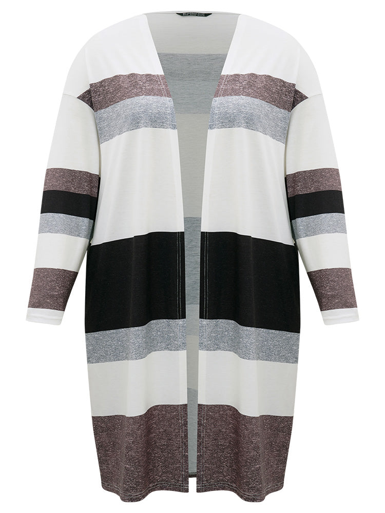 Striped Contrast Pocket Open Front Kimono