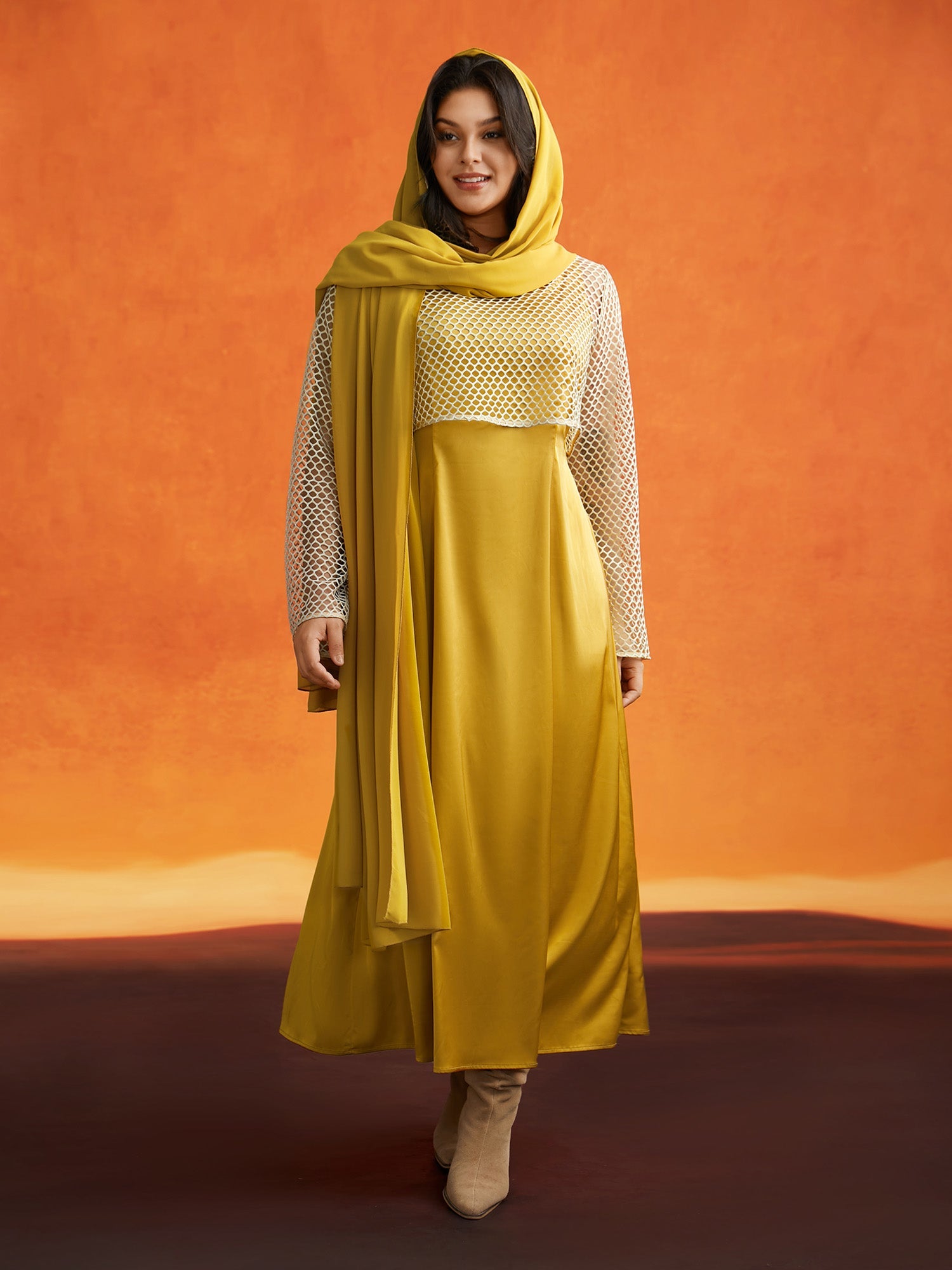 Sand-hued Textured Tri-Piece Dress